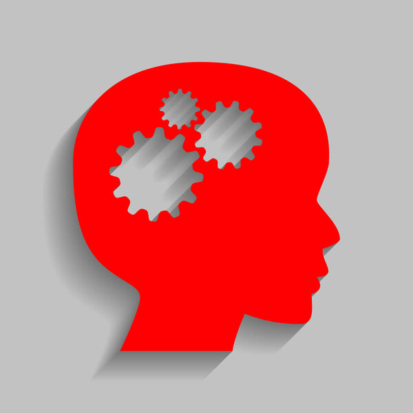 Thinking head sign. Vector. Red icon with soft shadow on gray background.