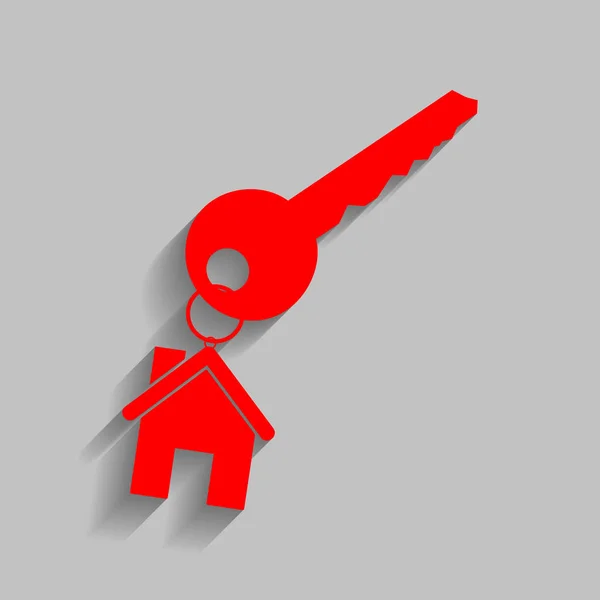 Κλειδί με keychain, ως ένα σύμβολο σπίτι. Διάνυσμα. Κόκκινο εικονίδιο με απαλή σκιά σε γκρίζο φόντο. — Διανυσματικό Αρχείο