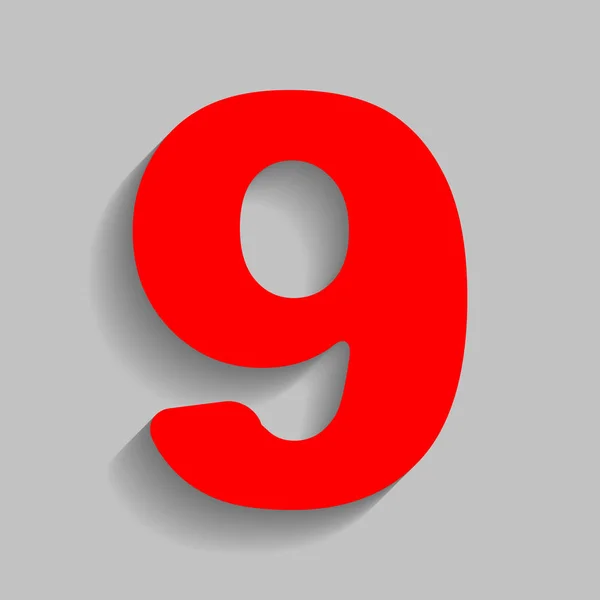 Элемент шаблона знака номер 9. Вектор. Красная иконка с мягкой тенью на сером фоне . — стоковый вектор
