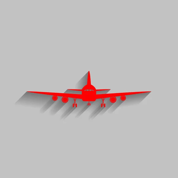 Fliegendes Flugzeugschild. Frontansicht. Vektor. rotes Symbol mit weichem Schatten auf grauem Hintergrund. — Stockvektor