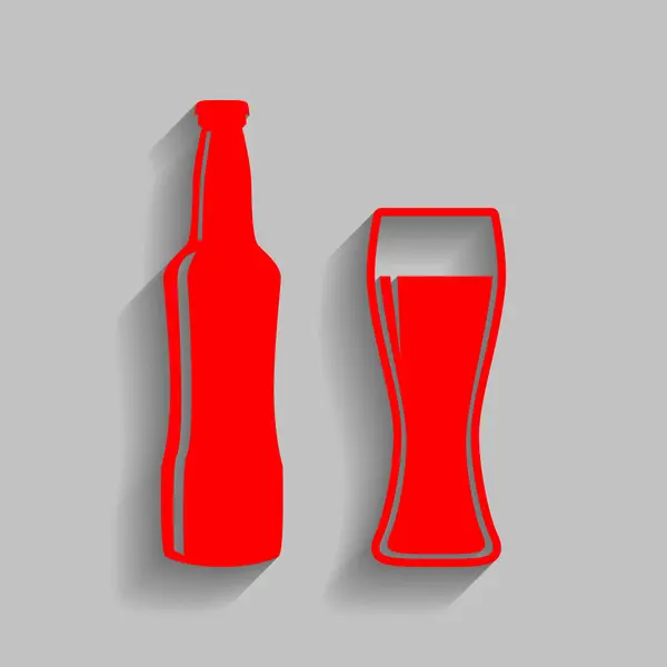 Signo de botella de cerveza. Vector. Icono rojo con sombra suave sobre fondo gris . — Vector de stock
