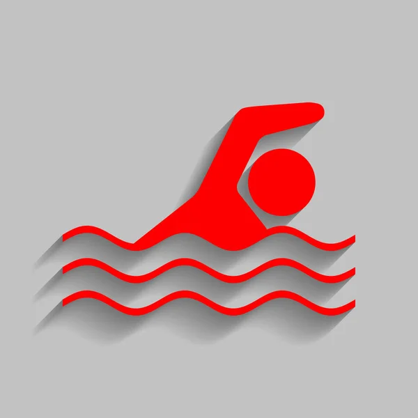 Swimming water sport sign. Vector. Red icon with soft shadow on gray background.