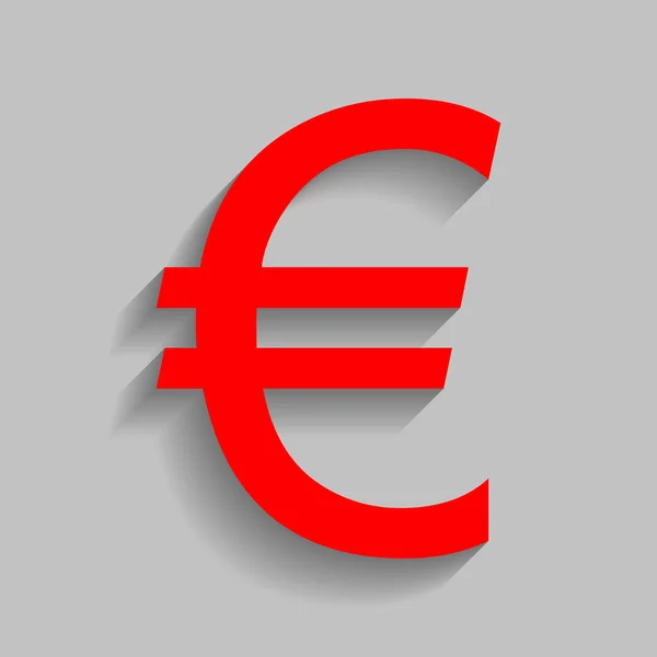 Assinatura Euro. Vector. Ícone vermelho com sombra suave no fundo cinza . —  Vetores de Stock