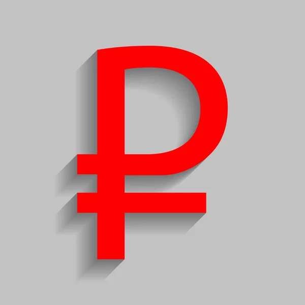 Signo de rublo. Vector. Icono rojo con sombra suave sobre fondo gris . — Archivo Imágenes Vectoriales