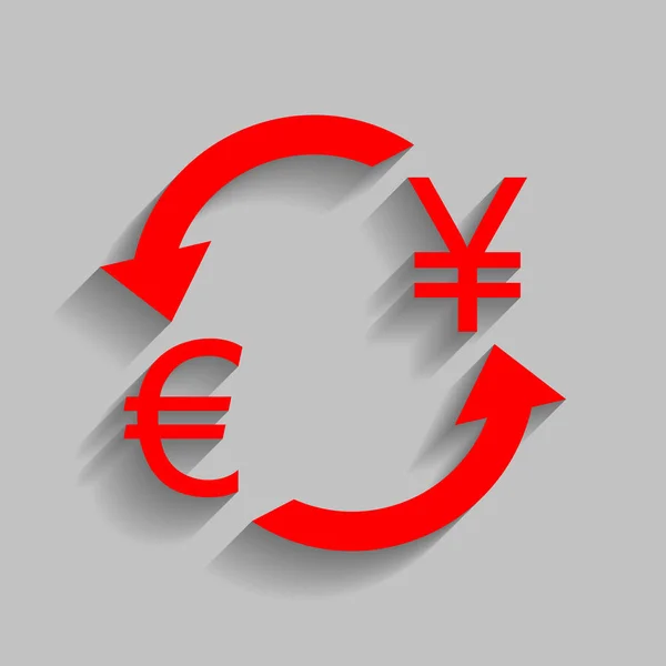 Signe de change. Euro et yen japonais. Vecteur. Icône rouge avec ombre douce sur fond gris . — Image vectorielle