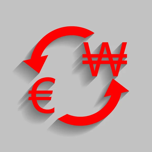 Valutaväxling, sign. Euron och Sydkorea vann. Vektor. Röd ikon med mjuk skugga på grå bakgrund. — Stock vektor
