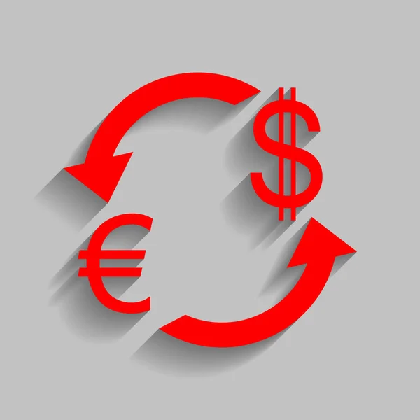 Valutaväxling, sign. Euro och Dollar. Vektor. Röd ikon med mjuk skugga på grå bakgrund. — Stock vektor