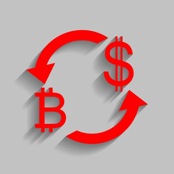 Signo de cambio de divisas. Bitcoin y dólar estadounidense. Vector. Icono rojo con sombra suave sobre fondo gris . — Vector de stock