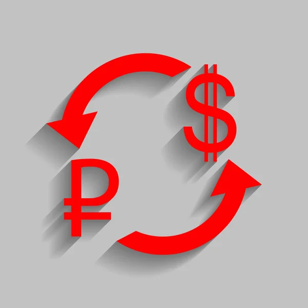 Signo de cambio de divisas. Rublo y dólar estadounidense Vector. Icono rojo con sombra suave sobre fondo gris . — Archivo Imágenes Vectoriales