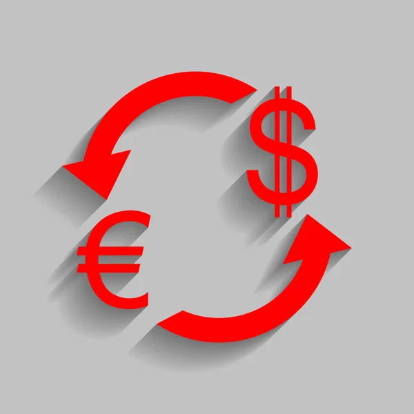 Valutaväxling, sign. Euro och amerikanska Dollar. Vektor. Röd ikon med mjuk skugga på grå bakgrund. — Stock vektor