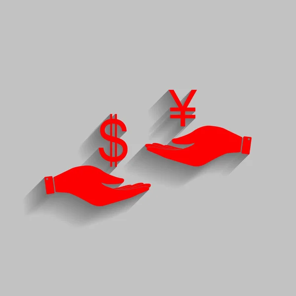 Currency exchange from hand to hand. Dollar and Yen. Vector. Red icon with soft shadow on gray background. — Stock Vector