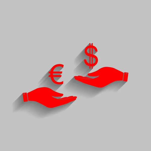 Currency exchange from hand to hand. Euro and Dollar. Vector. Red icon with soft shadow on gray background. — Stock Vector