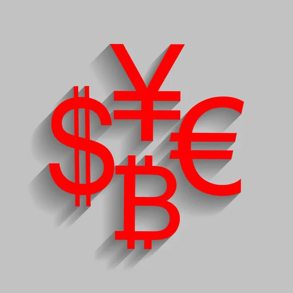 Monnaie signe collection dollar, euro, bitcoin, yen. Vecteur. Icône rouge avec ombre douce sur fond gris . — Image vectorielle