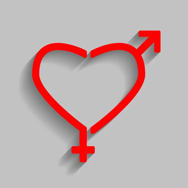 Gender signs in heart shape. Vector. Red icon with soft shadow on gray background. — Stock Vector