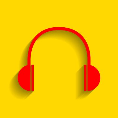 Kulaklık illüstrasyon işareti. Vektör. Altın arka plan üzerinde yumuşak gölge ile kırmızı simge.