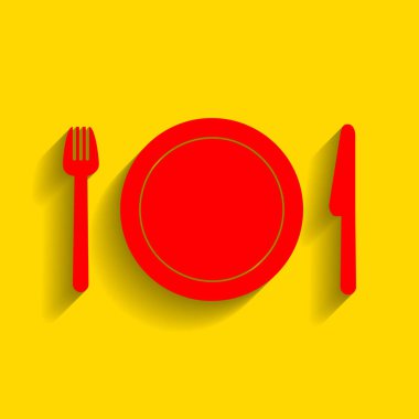 Çatal, plaka ve bıçak. Vektör. Altın arka plan üzerinde yumuşak gölge ile kırmızı simge.