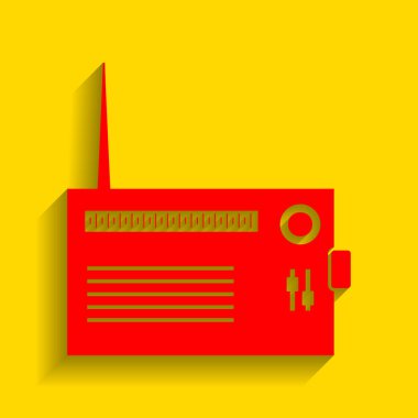 Radyo işareti illüstrasyon. Vektör. Altın arka plan üzerinde yumuşak gölge ile kırmızı simge.