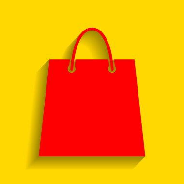 Alışveriş çantası illüstrasyon. Vektör. Altın arka plan üzerinde yumuşak gölge ile kırmızı simge.