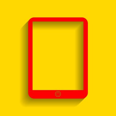 Bilgisayar tablet işareti. Vektör. Altın arka plan üzerinde yumuşak gölge ile kırmızı simge.