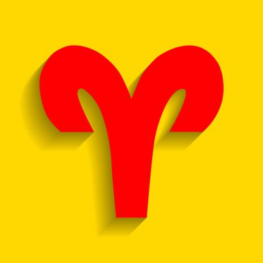 Koç illüstrasyon işareti. Vektör. Altın arka plan üzerinde yumuşak gölge ile kırmızı simge.