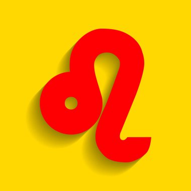 Leo işareti illüstrasyon. Vektör. Altın arka plan üzerinde yumuşak gölge ile kırmızı simge.