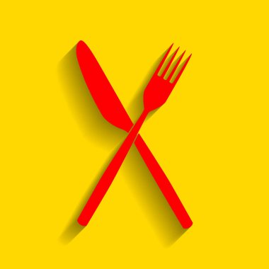 Çatal ve bıçak oturum açın. Vektör. Altın arka plan üzerinde yumuşak gölge ile kırmızı simge.