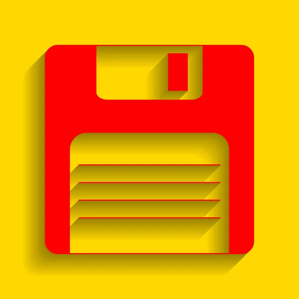 Signo de disquete. Vector. Icono rojo con sombra suave sobre fondo dorado . — Vector de stock