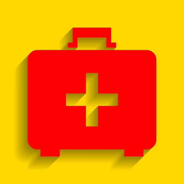 Signe médical de la boîte de premiers soins. Vecteur. Icône rouge avec ombre douce sur fond doré . — Image vectorielle