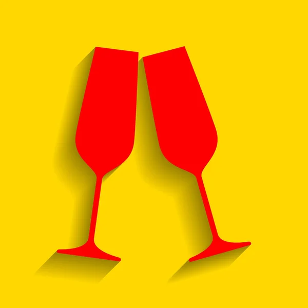 Bicchieri di champagne frizzante. Vettore. Icona rossa con morbida ombra su sfondo dorato . — Vettoriale Stock