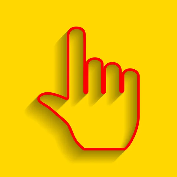 Ilustração do sinal da mão. Vector. Ícone vermelho com sombra suave no fundo dourado . — Vetor de Stock