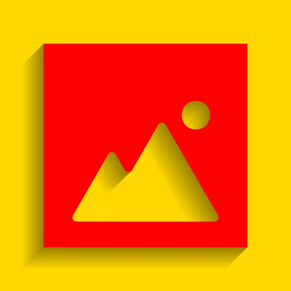 Ilustración del signo de imagen. Vector. Icono rojo con sombra suave sobre fondo dorado . — Vector de stock