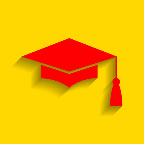 Mortel Board of Graduation Cap, symbool van het onderwijs. Vector. Rode pictogram met zachte schaduw op gouden achtergrond. — Stockvector