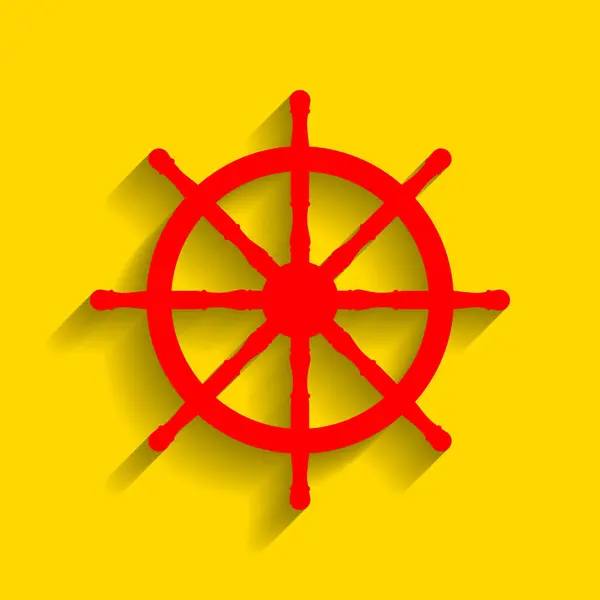 Señal de la rueda del barco. Vector. Icono rojo con sombra suave sobre fondo dorado . — Vector de stock