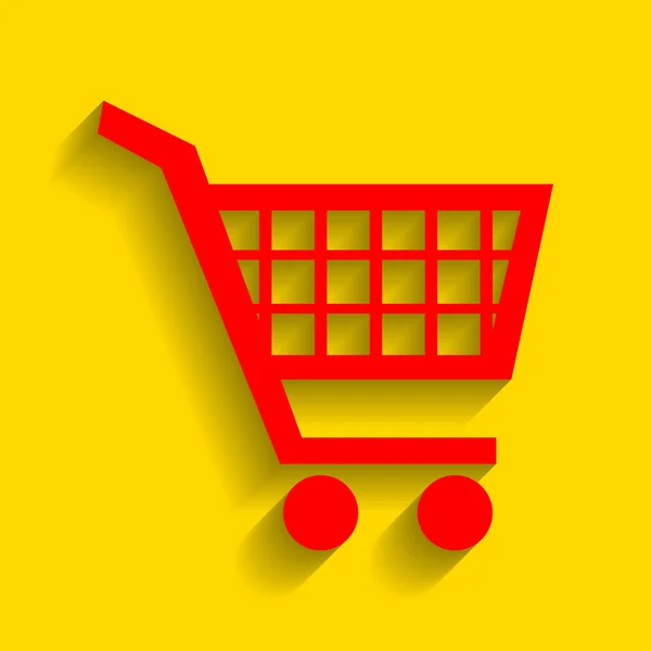 ショッピング カートの標識です。ベクトル。金色の背景にソフト シャドウの付いた赤いアイコン. — ストックベクタ