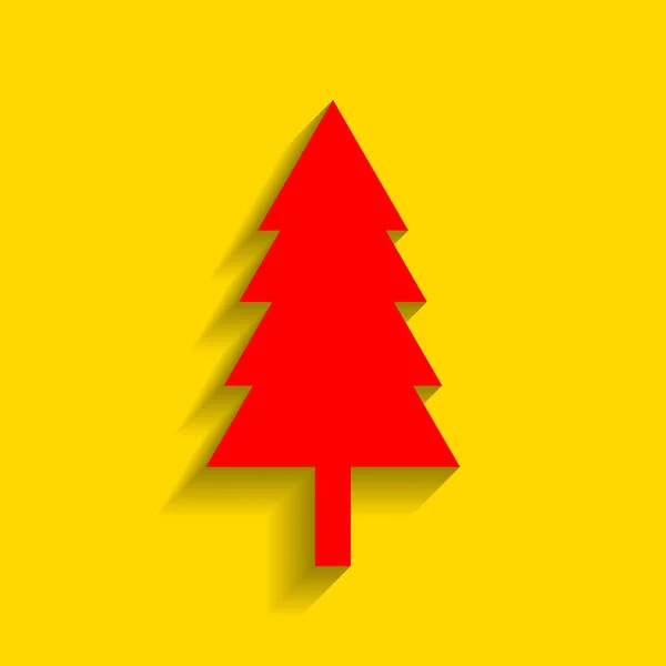 New year tree sign. Vector. Red icon with soft shadow on golden background. — Stock Vector
