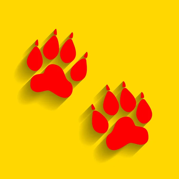 Panneau des traces d'animaux. Vecteur. Icône rouge avec ombre douce sur fond doré . — Image vectorielle