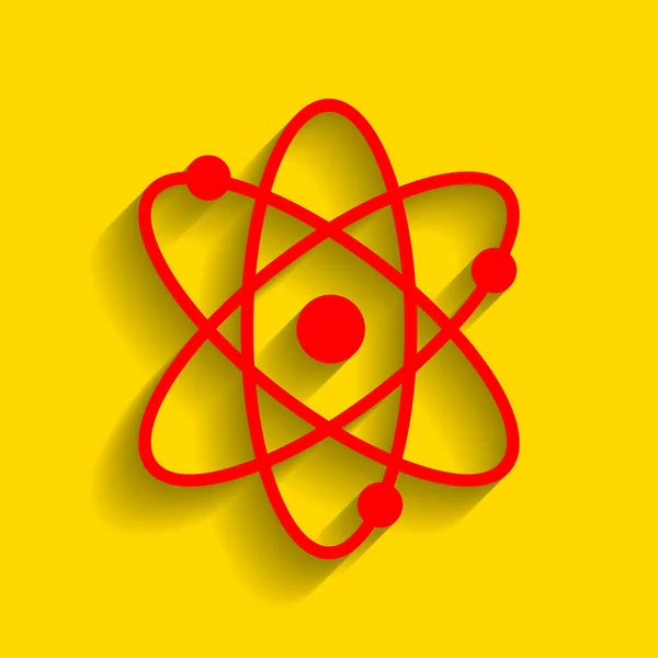 Ілюстрація знаку атома. Вектор. Червона ікона з м'якою тіні на золотому фоні . — стоковий вектор
