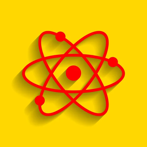 Ілюстрація знаку атома. Вектор. Червона ікона з м'якою тіні на золотому фоні . — стоковий вектор