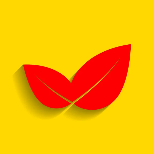 Illustration de signe de feuille. Vecteur. Icône rouge avec ombre douce sur fond doré . — Image vectorielle