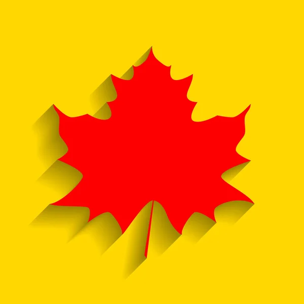 Maple leaf teken. Vector. Rode pictogram met zachte schaduw op gouden achtergrond. — Stockvector