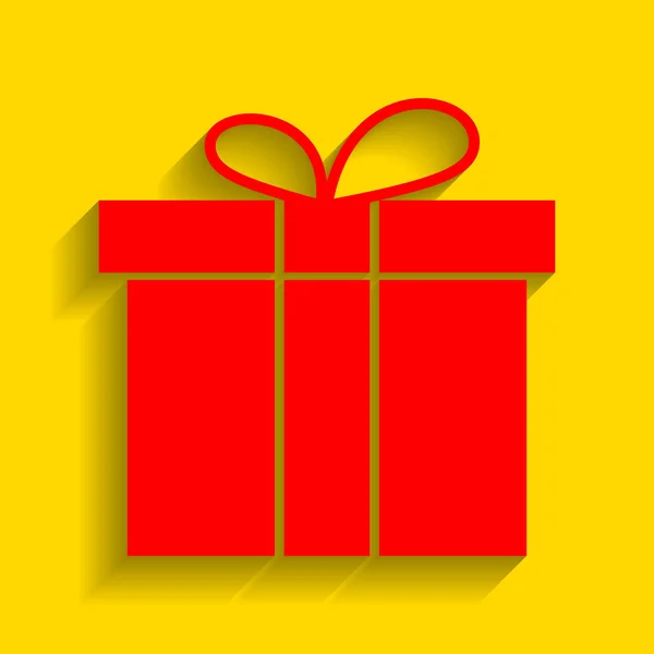 Signo de caja regalo. Vector. Icono rojo con sombra suave sobre fondo dorado . — Vector de stock