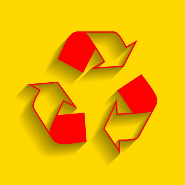 Recycle logo concept. Vector. Red icon with soft shadow on golden background. — Stock Vector