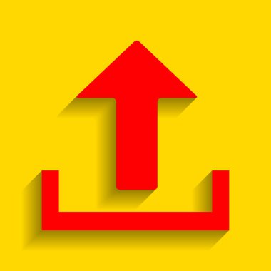 İşareti illüstrasyon yükleyin. Vektör. Altın arka plan üzerinde yumuşak gölge ile kırmızı simge.