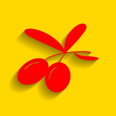 Zeytin illüstrasyon işareti. Vektör. Altın arka plan üzerinde yumuşak gölge ile kırmızı simge.