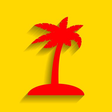 Hindistan cevizi hurma ağacı işareti. Vektör. Altın arka plan üzerinde yumuşak gölge ile kırmızı simge.