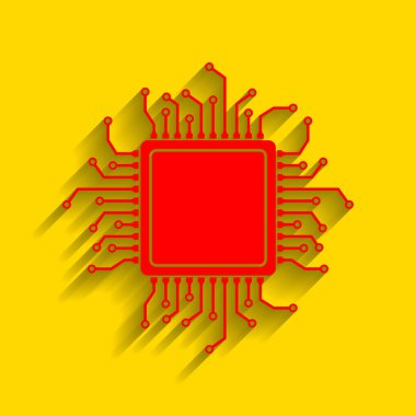 CPU mikroişlemci illüstrasyon. Vektör. Altın arka plan üzerinde yumuşak gölge ile kırmızı simge.