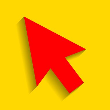 Ok işareti illüstrasyon. Vektör. Altın arka plan üzerinde yumuşak gölge ile kırmızı simge.