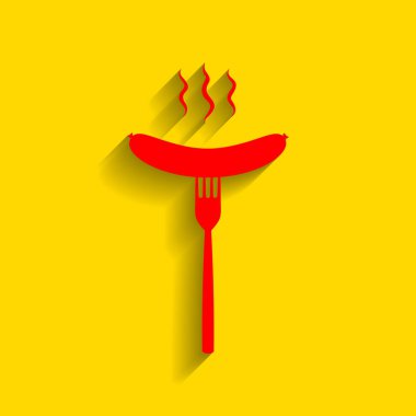 Sosis çatal üye. Vektör. Altın arka plan üzerinde yumuşak gölge ile kırmızı simge.