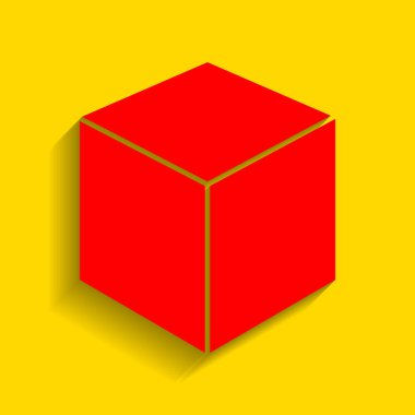Küp işareti illüstrasyon. Vektör. Altın arka plan üzerinde yumuşak gölge ile kırmızı simge.
