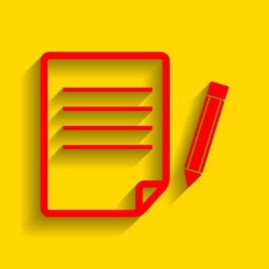 Kağıt ve kalem işareti. Vektör. Altın arka plan üzerinde yumuşak gölge ile kırmızı simge.